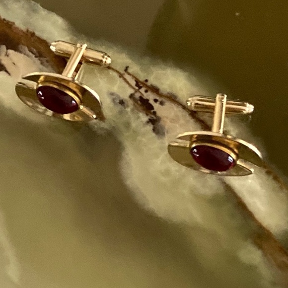 Vintage Anson Modernist Cufflinks – Red Lucite Cabochon – Mid Century Atomic Spa - Picture 1 of 6